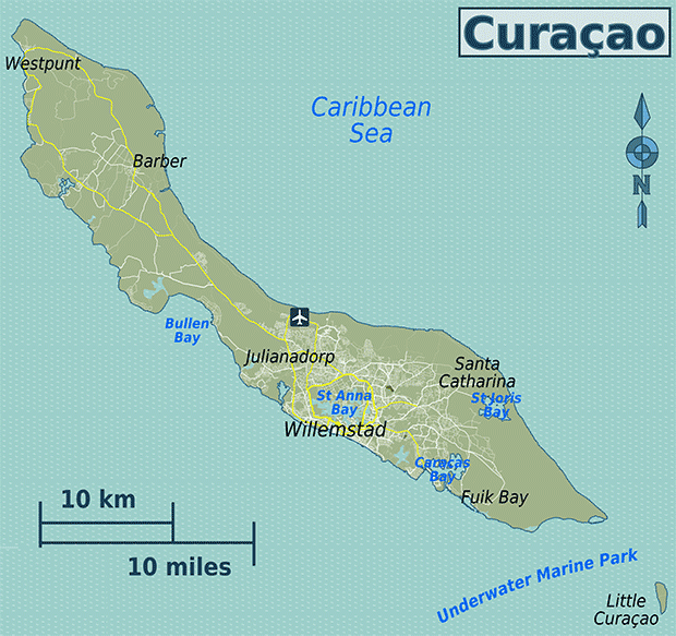 Karta över vägar på Curacao